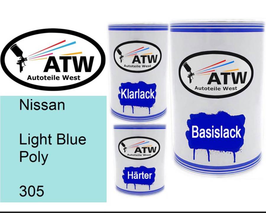 Nissan, Light Blue Poly, 305: 500ml Lackdose + 500ml Klarlack + 250ml Härter - Set, von ATW Autoteile West.